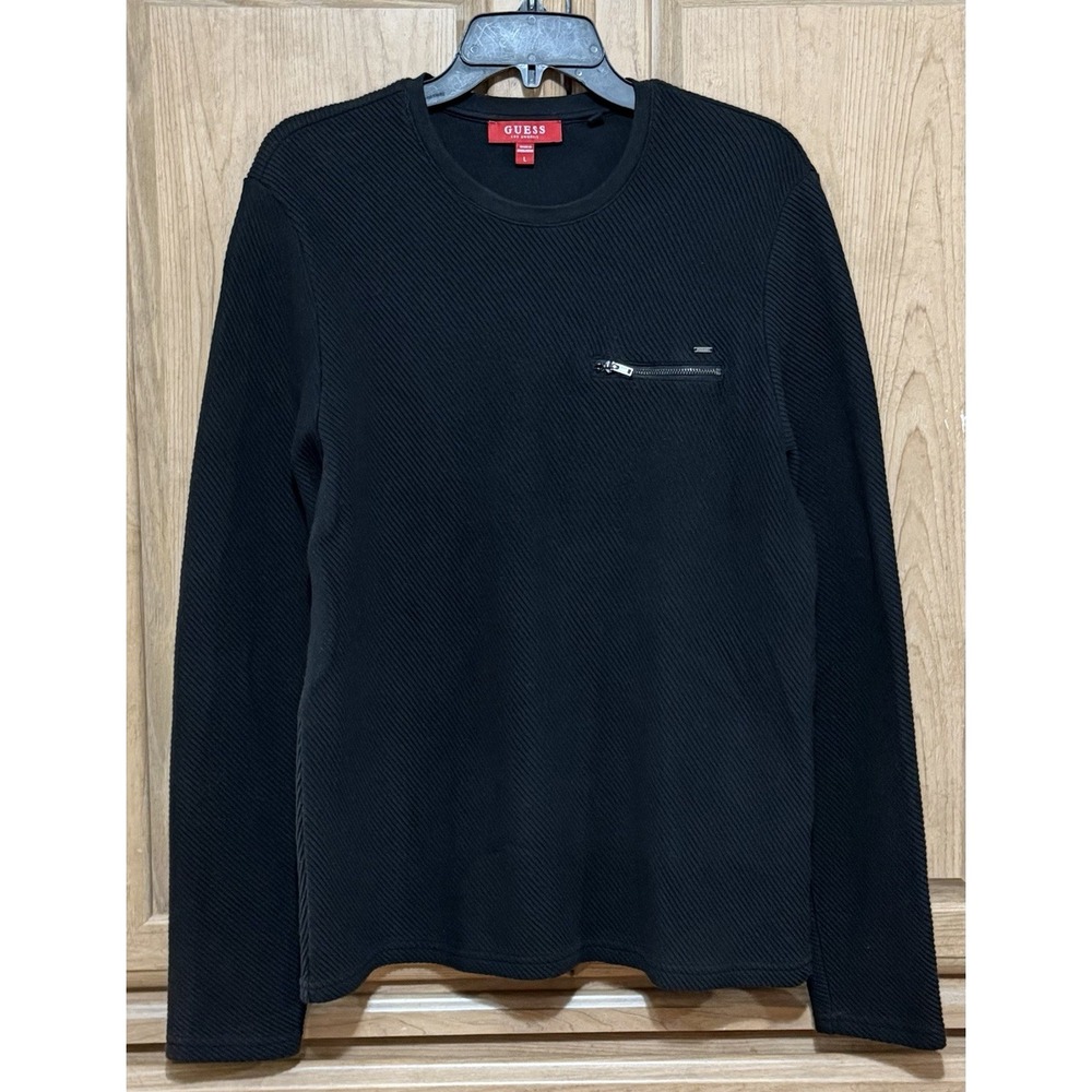 GUESS Black Ribbed Ottoman Knit Crewneck Pullover Sweater Mens Large Long Sleeve